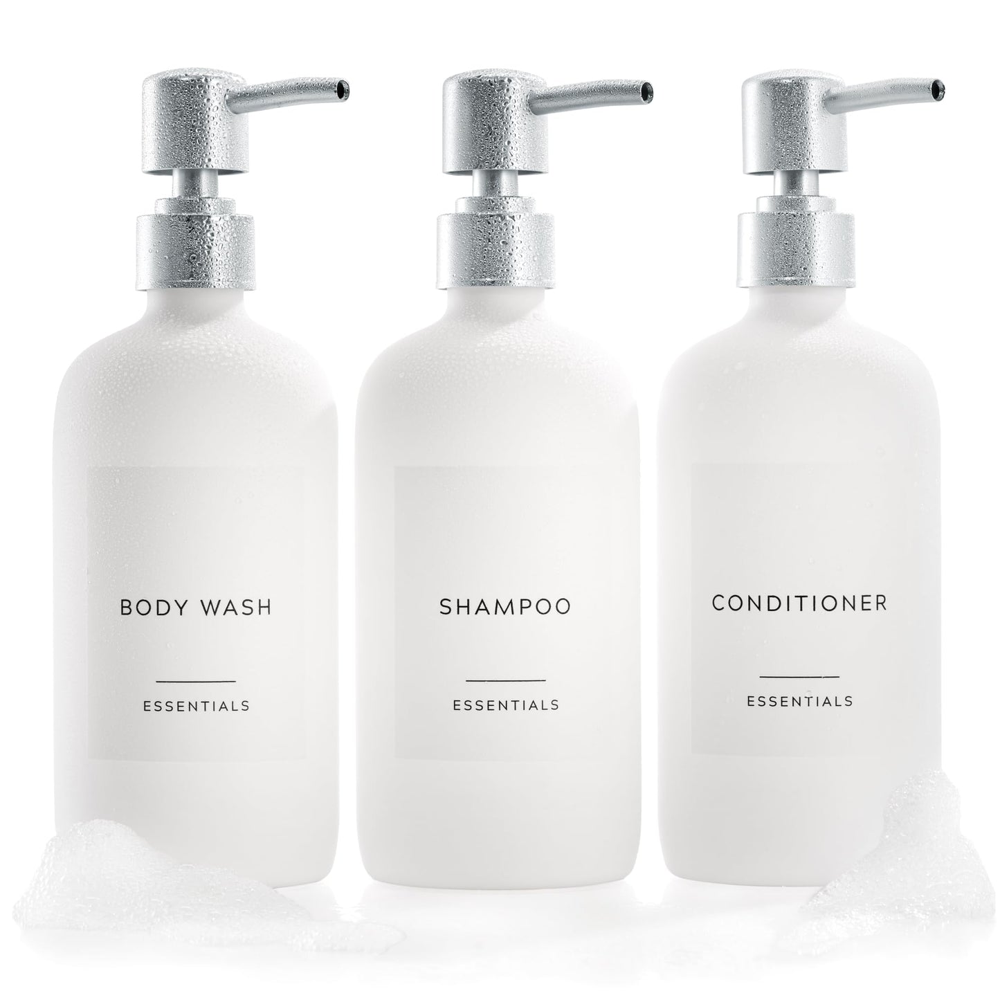 Stylish Shampoo and Conditioner Dispenser Set of 3 - Modern 21oz Shower Soap Bottles with Pump and Labels - Easy to Refill Body Wash Dispensers for an Instant Bathroom Decor Upgrade - Black