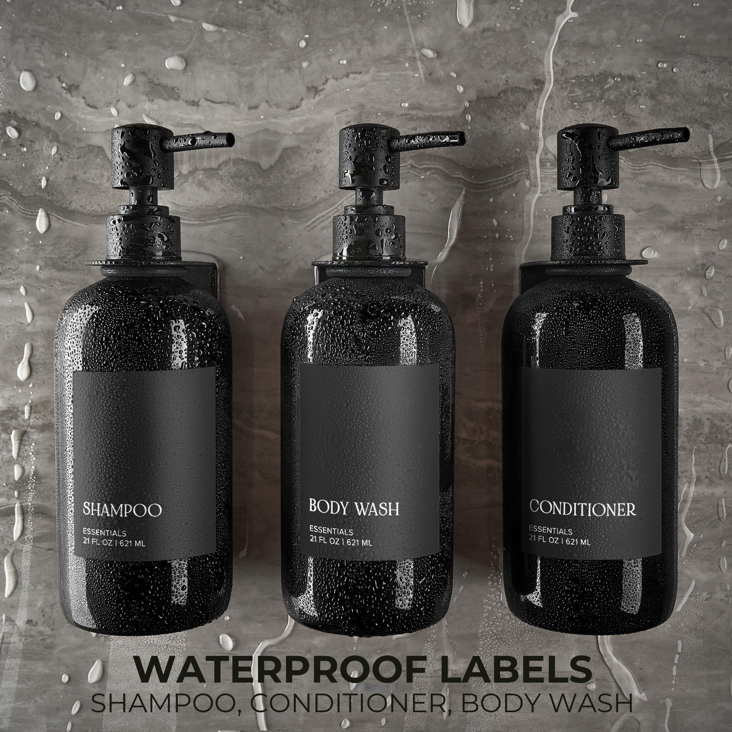 Stylish Shampoo and Conditioner Dispenser Set of 3 For Wall Mount - Modern Drill Free 21oz Shower Soap Bottles with Labels - Easy Refill Body Wash Dispensers for an Instant Bathroom Decor Upgrade