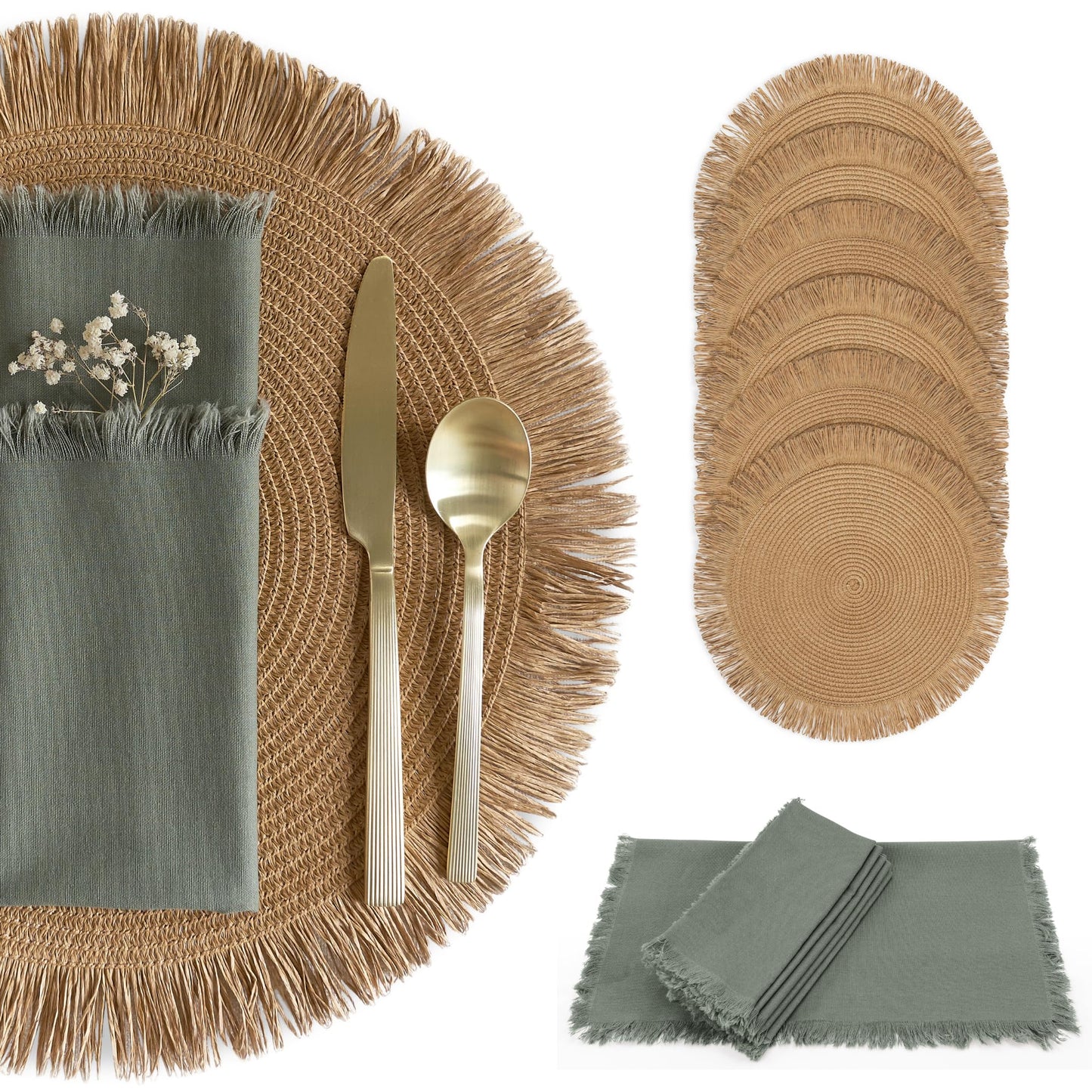 Beautiful Boho Placemats and Napkins Set of 6 – Handmade Woven Cotton, Burlap & Straw Table Decor for Dining Room, Kitchen, or Farmhouse-Style Tables