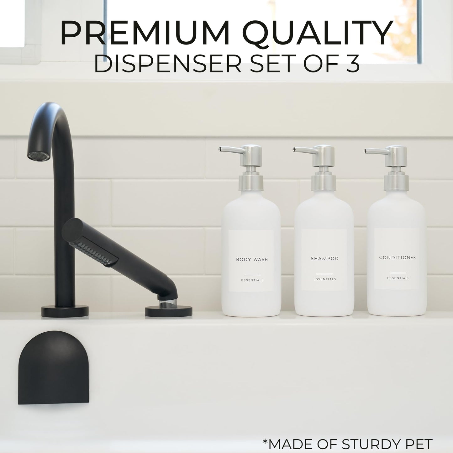Stylish Shampoo and Conditioner Dispenser Set of 3 - Modern 21oz Shower Soap Bottles with Pump and Labels - Easy to Refill Body Wash Dispensers for an Instant Bathroom Decor Upgrade - Black