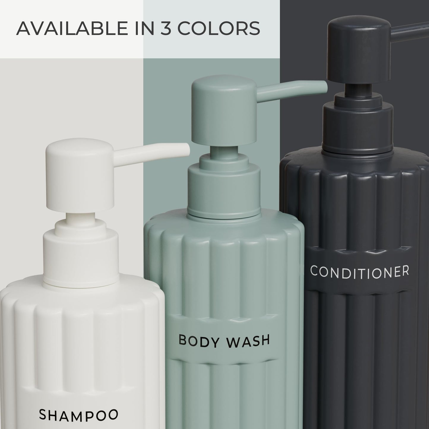 Beautiful Shampoo and Conditioner Dispenser Set of 3 – Modern 21oz Shower Soap Bottles with Pump and Labels – Easy to Refill Body Wash Dispensers for a Stylish Bathroom Upgrade