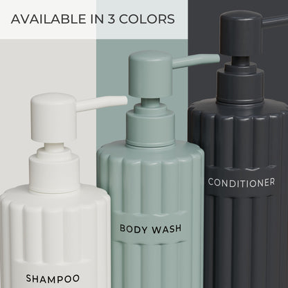 Beautiful Shampoo and Conditioner Dispenser Set of 3 – Modern 21oz Shower Soap Bottles with Pump and Labels – Easy to Refill Body Wash Dispensers for a Stylish Bathroom Upgrade