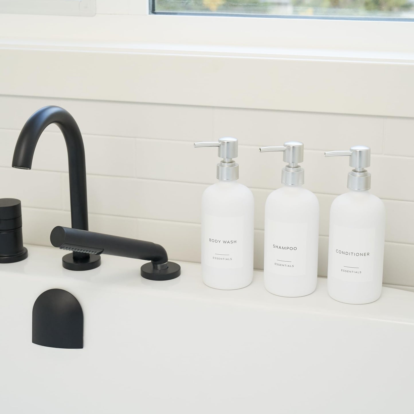 Stylish Shampoo and Conditioner Dispenser Set of 3 - Modern 21oz Shower Soap Bottles with Pump and Labels - Easy to Refill Body Wash Dispensers for an Instant Bathroom Decor Upgrade - Black