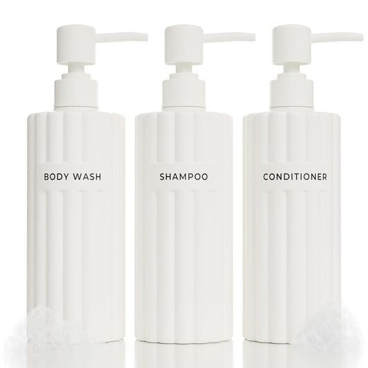 Beautiful Shampoo and Conditioner Dispenser Set of 3 – Modern 21oz Shower Soap Bottles with Pump and Labels – Easy to Refill Body Wash Dispensers for a Stylish Bathroom Upgrade