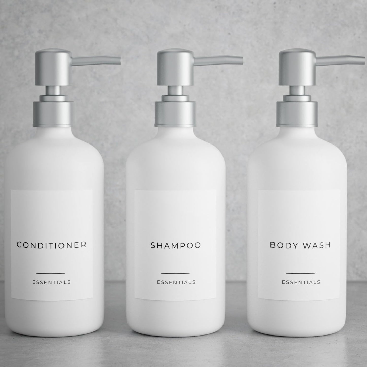 Stylish Shampoo and Conditioner Dispenser Set of 3 - Modern 21oz Shower Soap Bottles with Pump and Labels - Easy to Refill Body Wash Dispensers for an Instant Bathroom Decor Upgrade - Black