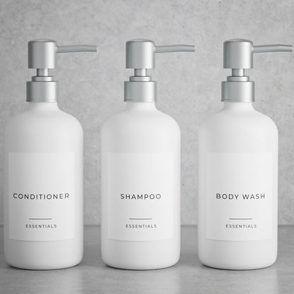 Stylish Shampoo and Conditioner Dispenser Set of 3 - Modern 21oz Shower Soap Bottles with Pump and Labels - Easy to Refill Body Wash Dispensers for an Instant Bathroom Decor Upgrade - Black