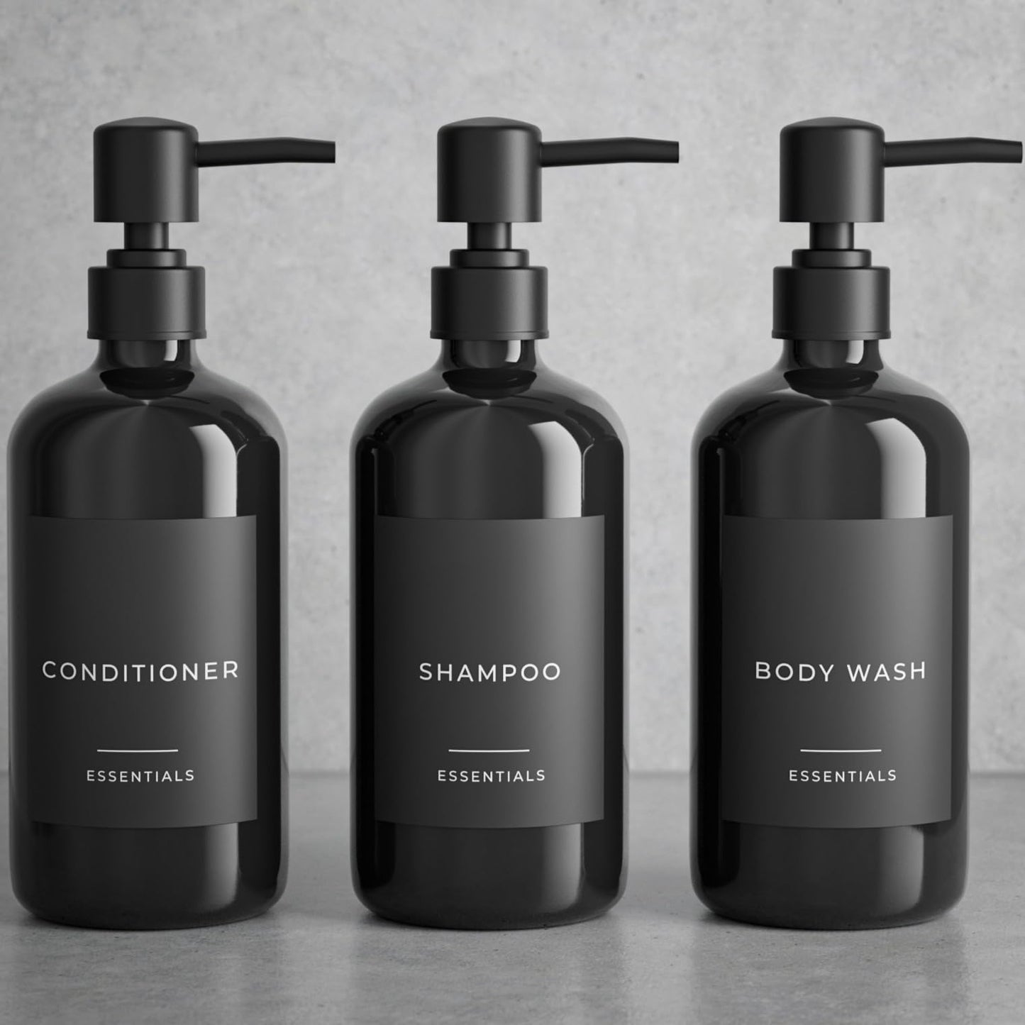 Stylish Shampoo and Conditioner Dispenser Set of 3 - Modern 21oz Shower Soap Bottles with Pump and Labels - Easy to Refill Body Wash Dispensers for an Instant Bathroom Decor Upgrade - Black