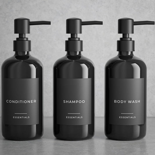 Stylish Shampoo and Conditioner Dispenser Set of 3 - Modern 21oz Shower Soap Bottles with Pump and Labels - Easy to Refill Body Wash Dispensers for an Instant Bathroom Decor Upgrade - Black