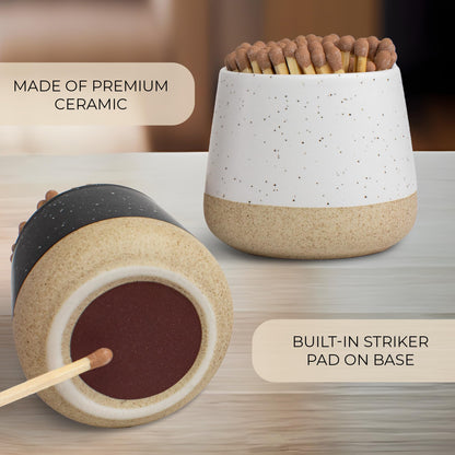 Decorative Ceramic Match Holder With Wooden Tray - Set of 2 Beautiful Matte Holders with Striker Are an Upgrade To Any Home Decor - Enhance Your Living Room With Cute Jars - Matches Not Incl.