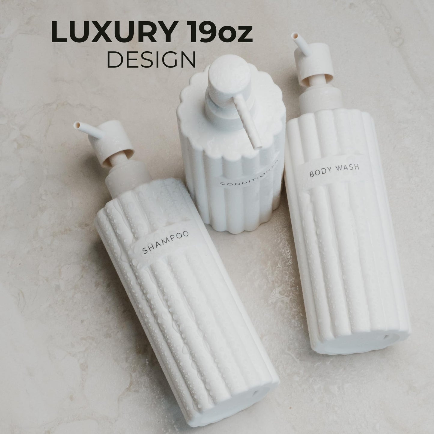 Beautiful Shampoo and Conditioner Dispenser Set of 3 – Modern 21oz Shower Soap Bottles with Pump and Labels – Easy to Refill Body Wash Dispensers for a Stylish Bathroom Upgrade