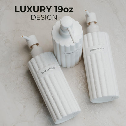 Beautiful Shampoo and Conditioner Dispenser Set of 3 – Modern 21oz Shower Soap Bottles with Pump and Labels – Easy to Refill Body Wash Dispensers for a Stylish Bathroom Upgrade