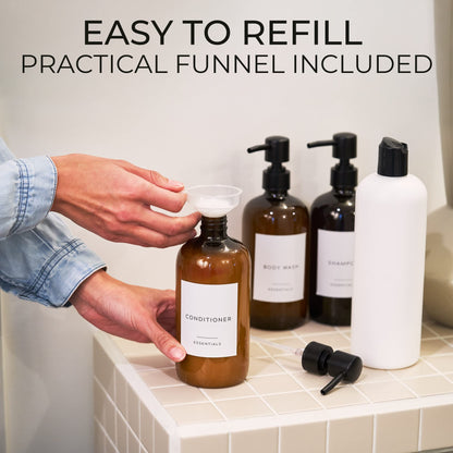 Stylish Shampoo And Conditioner Dispenser Set of 3 - Modern 21oz Shower Soap PET Bottles With Pump and Labels - Easy to Refill Body Wash Dispensers For an Instant Bathroom Decor Upgrade
