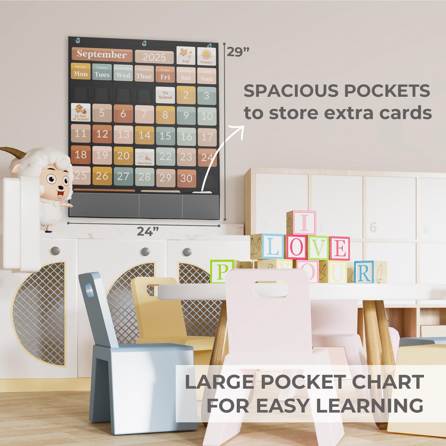 The Ultimate Classroom Calendar Pocket Chart for Kids - Beautiful Calendar with Educational Cards for Easy Learning - Fun Boho Classroom/Teacher Must Have Supplies That Fits Nicely w/Any School Decor