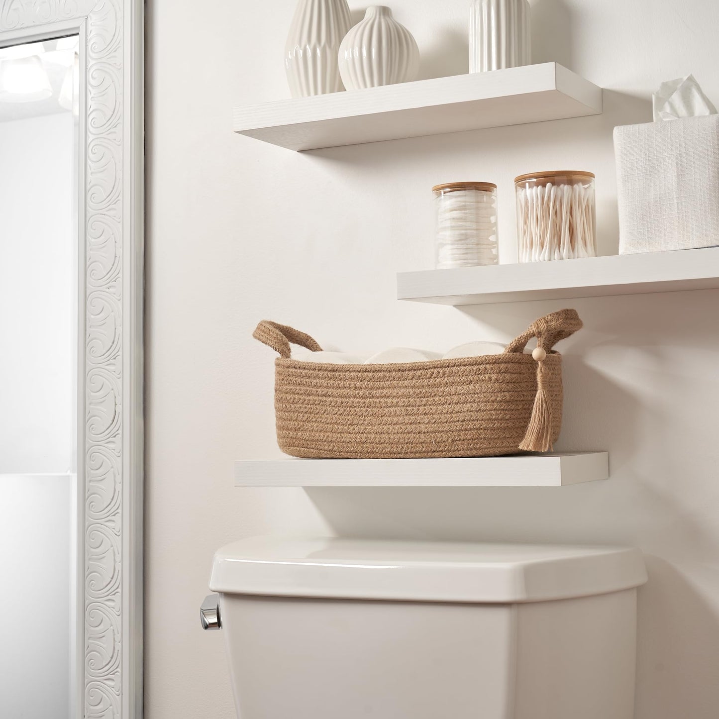 Decorative Toilet Paper Basket – Beautiful Bathroom Organizer for Toilet Tank Storage Decor – Boho Cotton Rope Bin with Tassel for Bathroom Accessories and as Shelf Decor
