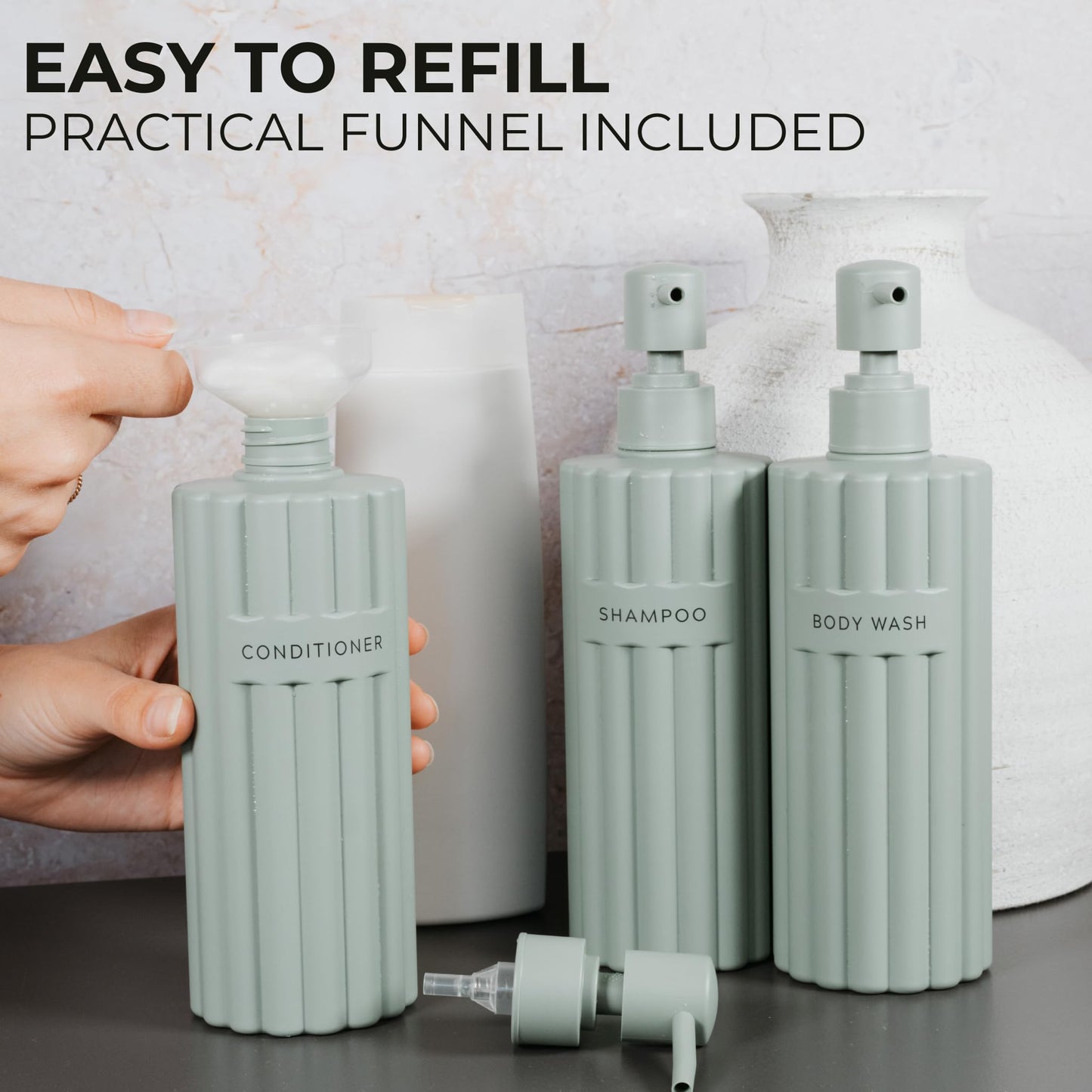 Beautiful Shampoo and Conditioner Dispenser Set of 3 – Modern 21oz Shower Soap Bottles with Pump and Labels – Easy to Refill Body Wash Dispensers for a Stylish Bathroom Upgrade