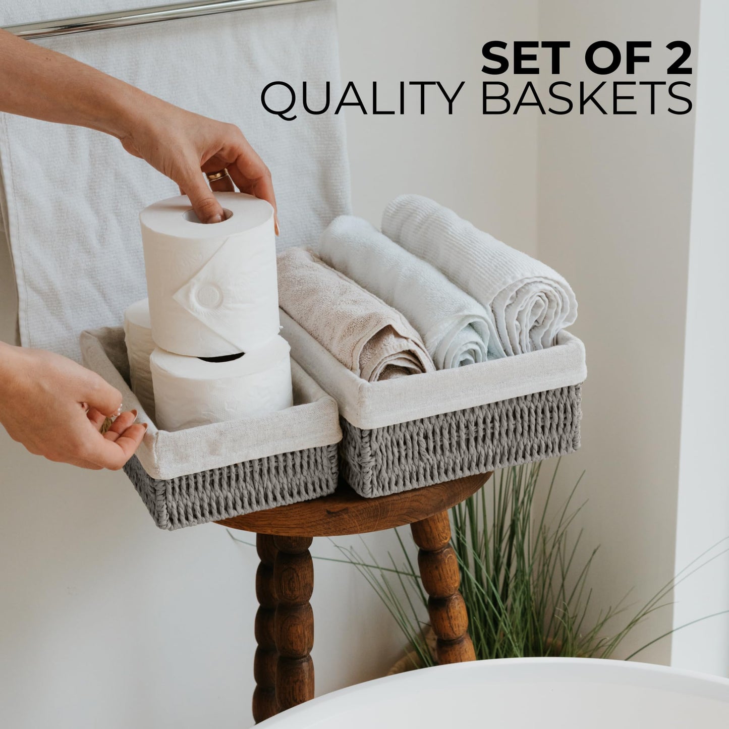 Beautiful Boho Bathroom Basket – Stylish Organizer Baskets for Toilet Tank, Bathroom Essentials, or Nursery Decor - Storage Basket Set of 2 for Shelves