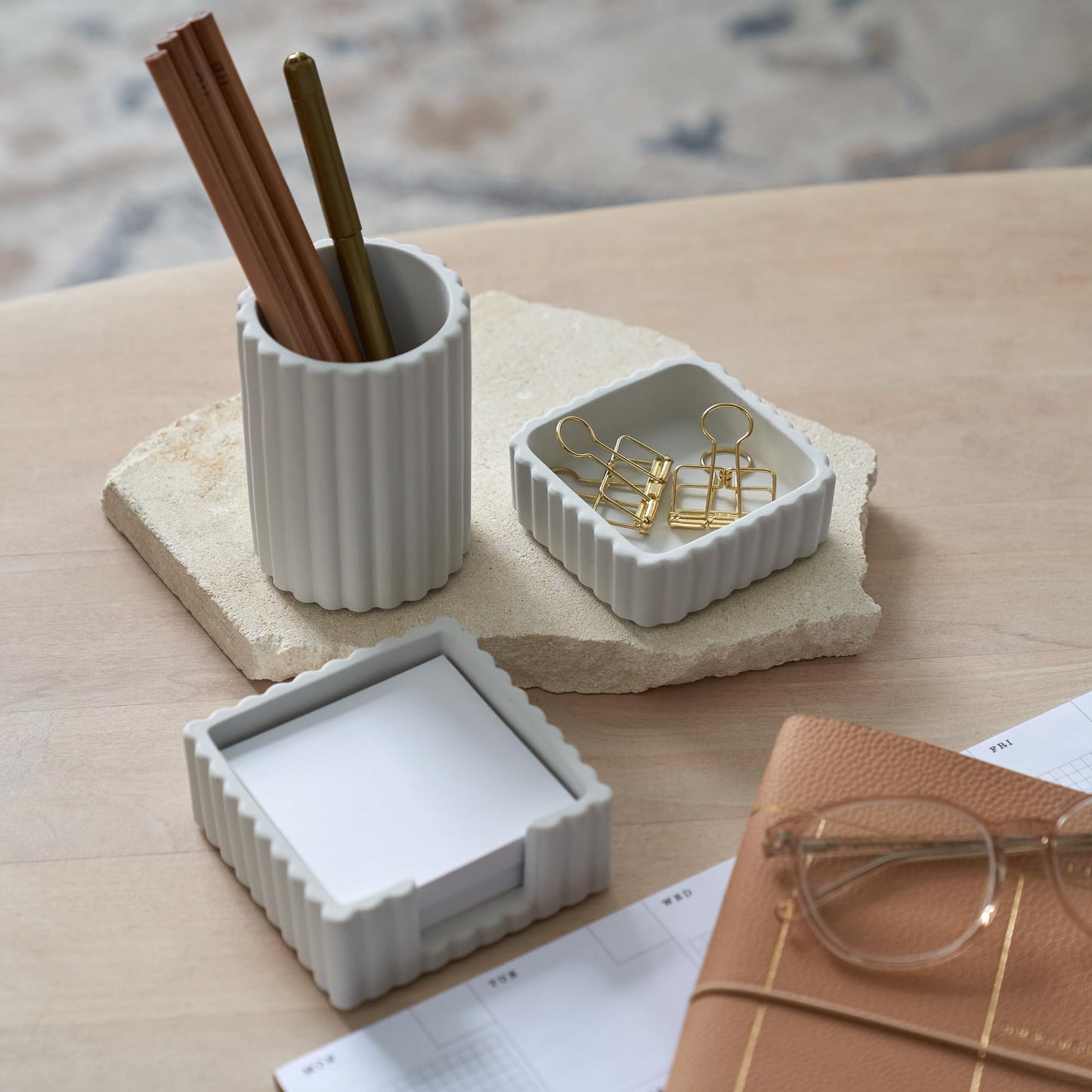 Modern Aesthetic Desk Accessories Set of 3 - Stylish Concrete Organizers for Pens & Office Supplies - A Cute and Functional Addition to Your Workspace Decor