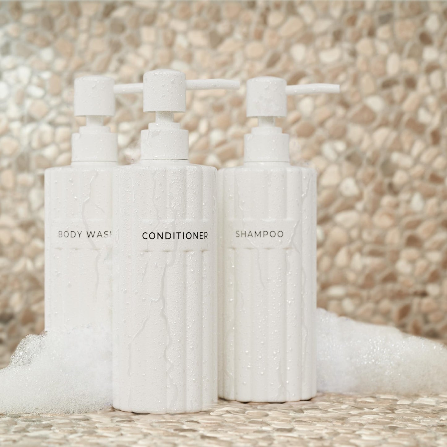 Beautiful Shampoo and Conditioner Dispenser Set of 3 – Modern 21oz Shower Soap Bottles with Pump and Labels – Easy to Refill Body Wash Dispensers for a Stylish Bathroom Upgrade