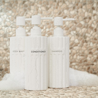 Beautiful Shampoo and Conditioner Dispenser Set of 3 – Modern 21oz Shower Soap Bottles with Pump and Labels – Easy to Refill Body Wash Dispensers for a Stylish Bathroom Upgrade