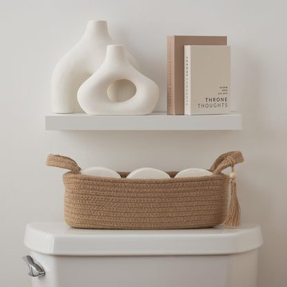 Decorative Toilet Paper Basket – Beautiful Bathroom Organizer for Toilet Tank Storage Decor – Boho Cotton Rope Bin with Tassel for Bathroom Accessories and as Shelf Decor