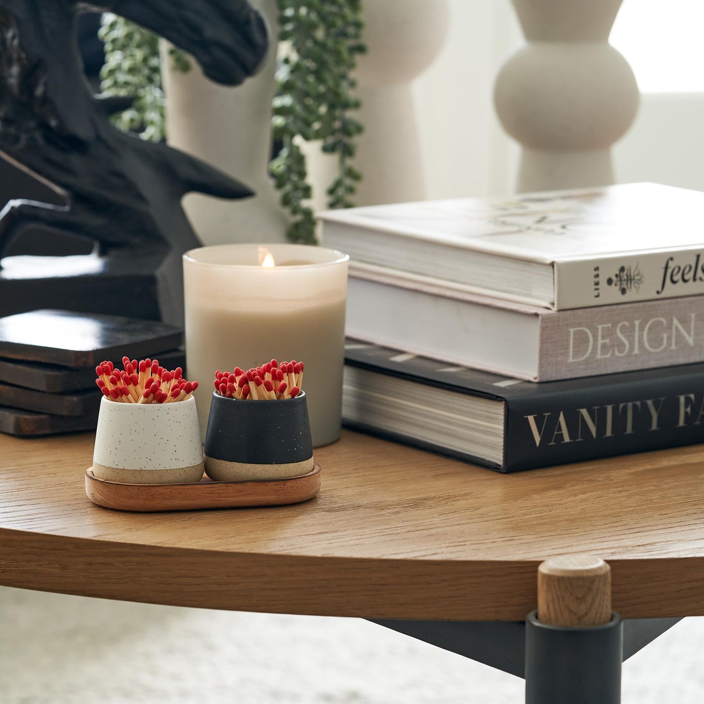 Decorative Ceramic Match Holder With Wooden Tray - Set of 2 Beautiful Matte Holders with Striker Are an Upgrade To Any Home Decor - Enhance Your Living Room With Cute Jars - Matches Not Incl.