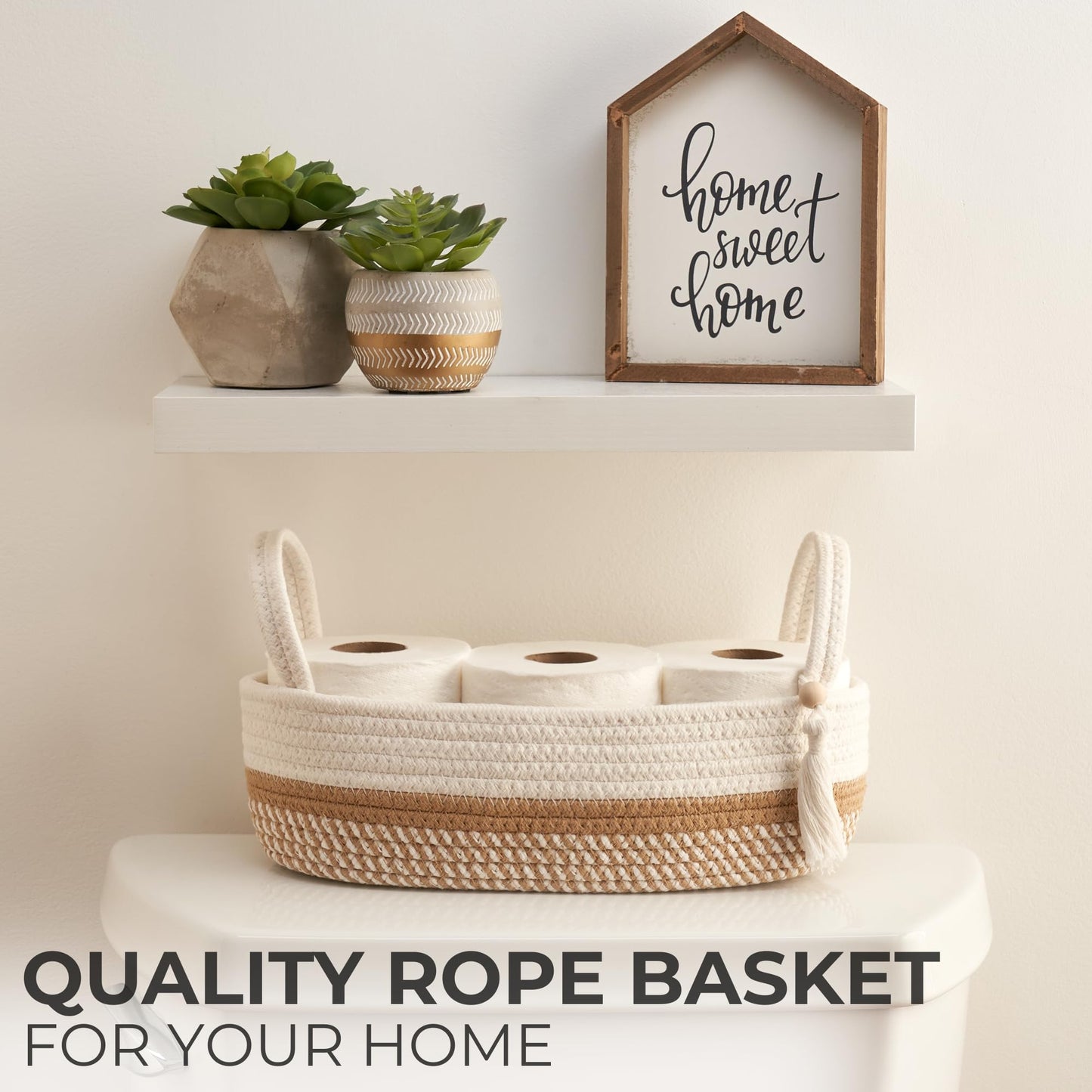 Decorative Toilet Paper Basket – Beautiful Bathroom Organizer for Toilet Tank Storage Decor – Boho Cotton Rope Bin with Tassel for Bathroom Accessories and as Shelf Decor