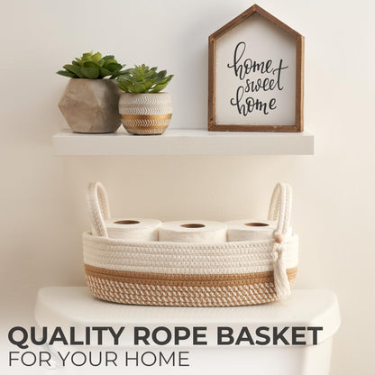 Decorative Toilet Paper Basket – Beautiful Bathroom Organizer for Toilet Tank Storage Decor – Boho Cotton Rope Bin with Tassel for Bathroom Accessories and as Shelf Decor