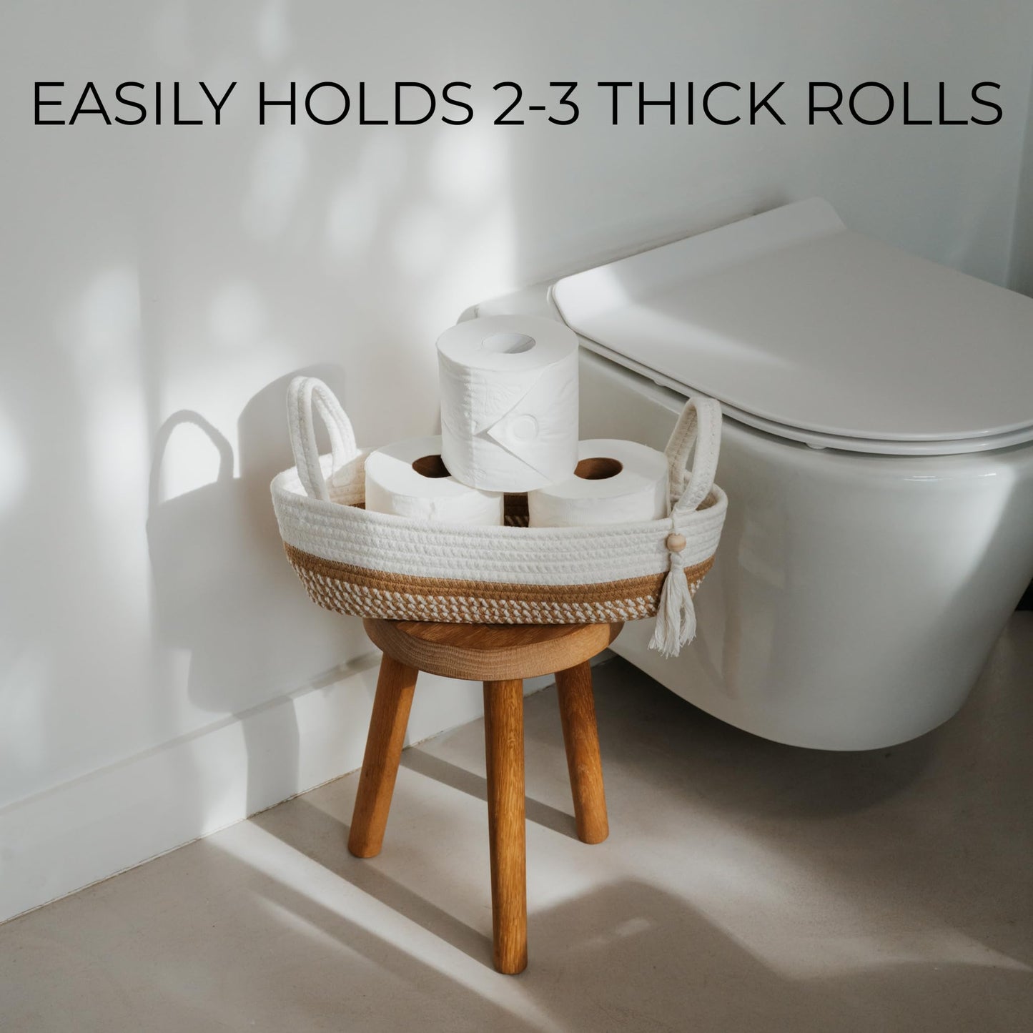 Decorative Toilet Paper Basket – Beautiful Bathroom Organizer for Toilet Tank Storage Decor – Boho Cotton Rope Bin with Tassel for Bathroom Accessories and as Shelf Decor