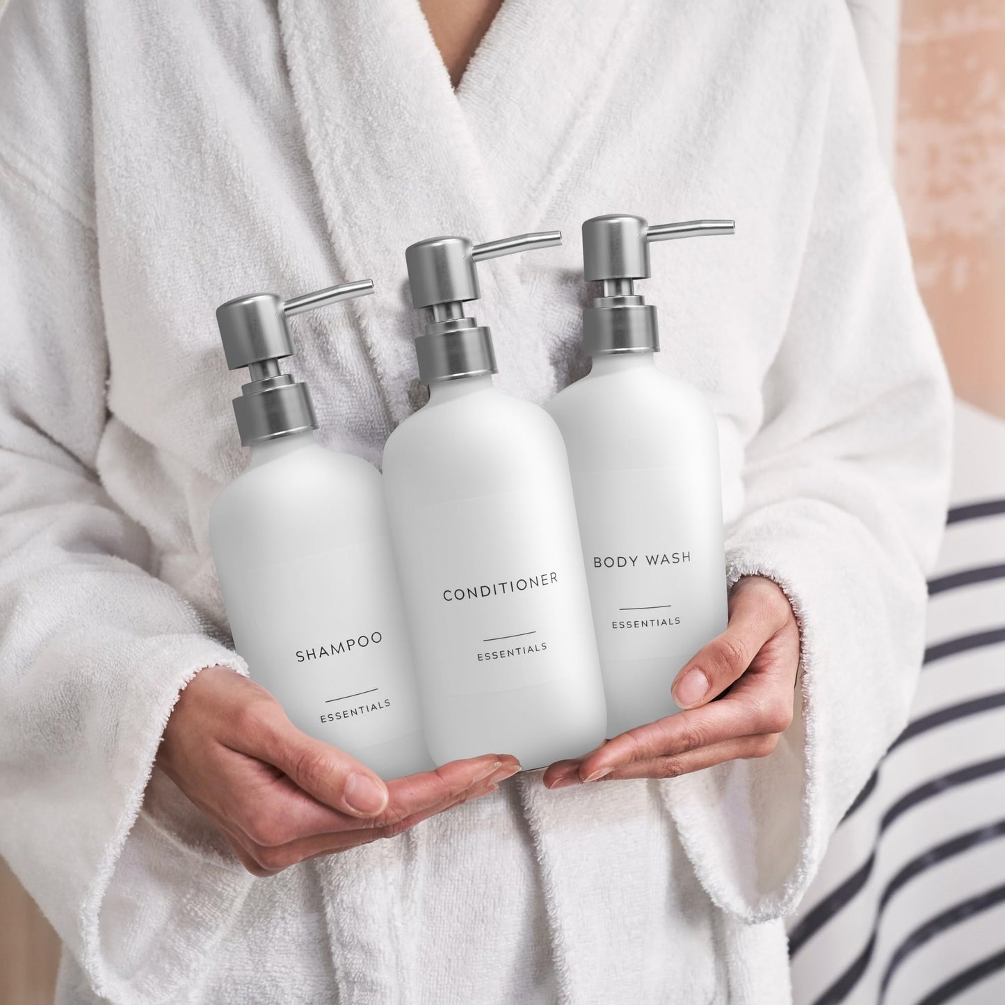Stylish Shampoo and Conditioner Dispenser Set of 3 - Modern 21oz Shower Soap Bottles with Pump and Labels - Easy to Refill Body Wash Dispensers for an Instant Bathroom Decor Upgrade - Black