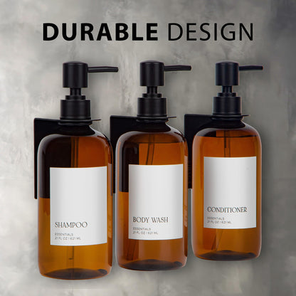 Stylish Shampoo and Conditioner Dispenser Set of 3 For Wall Mount - Modern Drill Free 21oz Shower Soap Bottles with Labels - Easy Refill Body Wash Dispensers for an Instant Bathroom Decor Upgrade
