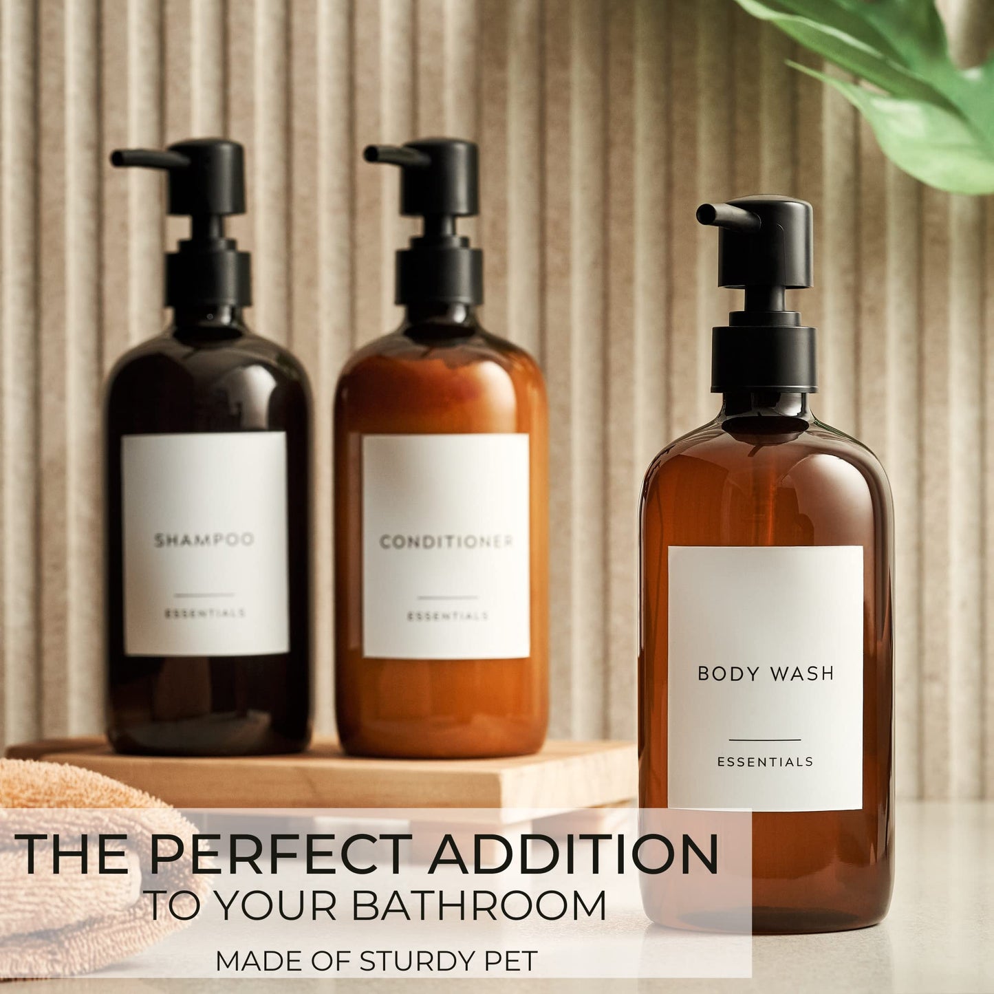 Stylish Shampoo And Conditioner Dispenser Set of 3 - Modern 21oz Shower Soap PET Bottles With Pump and Labels - Easy to Refill Body Wash Dispensers For an Instant Bathroom Decor Upgrade