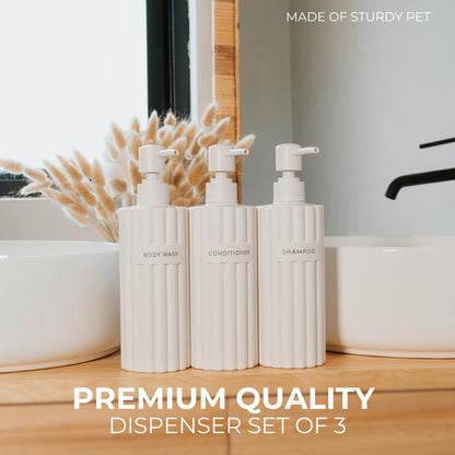 Beautiful Shampoo and Conditioner Dispenser Set of 3 – Modern 21oz Shower Soap Bottles with Pump and Labels – Easy to Refill Body Wash Dispensers for a Stylish Bathroom Upgrade
