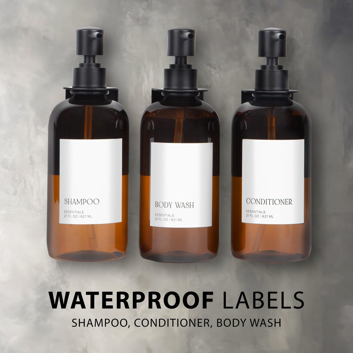 Stylish Shampoo and Conditioner Dispenser Set of 3 For Wall Mount - Modern Drill Free 21oz Shower Soap Bottles with Labels - Easy Refill Body Wash Dispensers for an Instant Bathroom Decor Upgrade