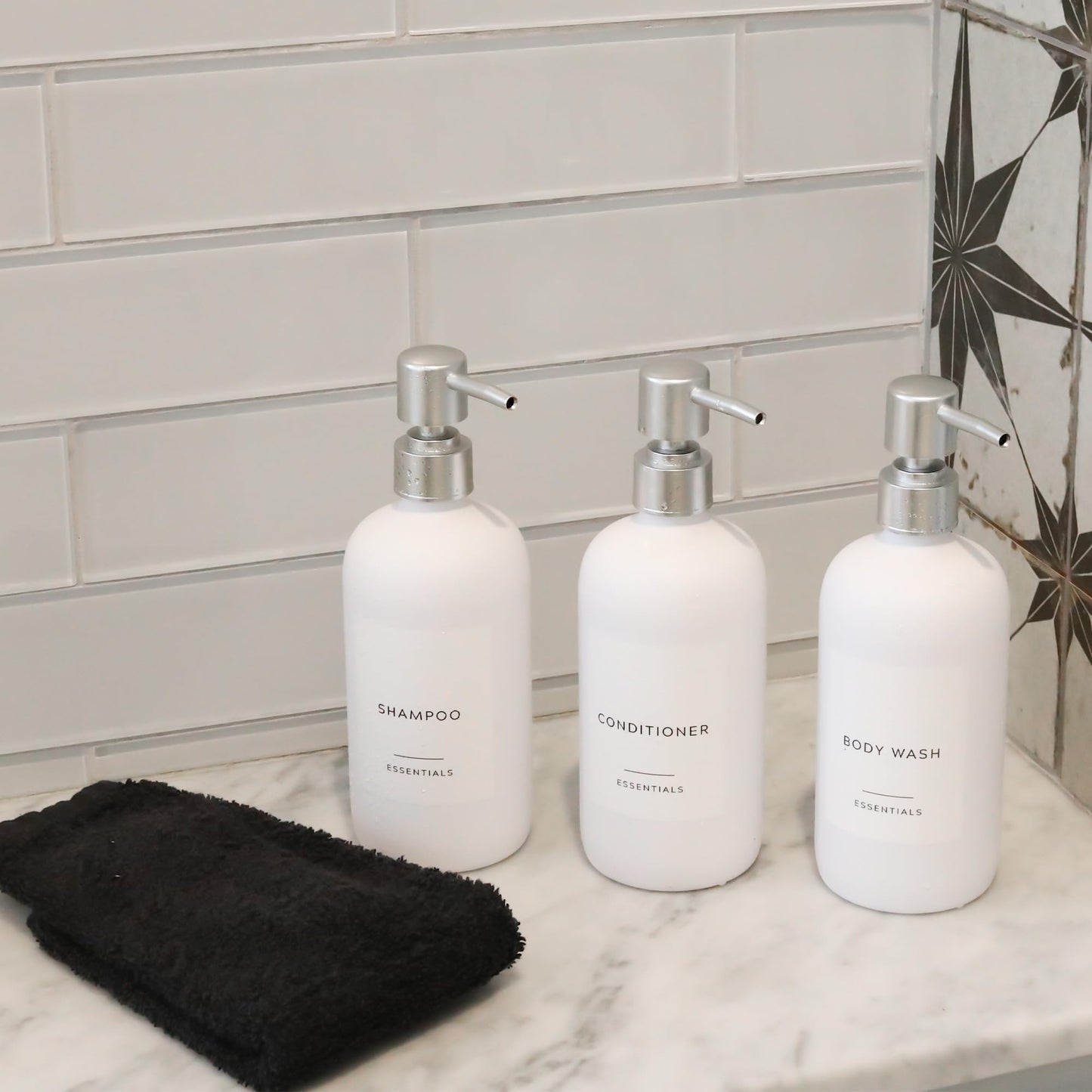 Stylish Shampoo and Conditioner Dispenser Set of 3 - Modern 21oz Shower Soap Bottles with Pump and Labels - Easy to Refill Body Wash Dispensers for an Instant Bathroom Decor Upgrade - Black