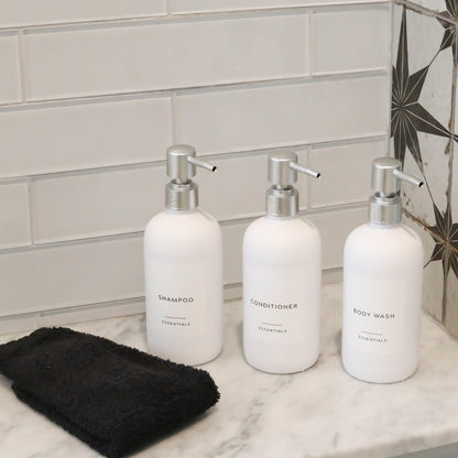 Stylish Shampoo and Conditioner Dispenser Set of 3 - Modern 21oz Shower Soap Bottles with Pump and Labels - Easy to Refill Body Wash Dispensers for an Instant Bathroom Decor Upgrade - Black