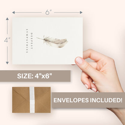 KIBAGA Beautiful Sympathy Cards Set of 20 with Envelopes and Stickers - Perfect Bulk Set To Express Your Condolences - Floral and Feather Assortment w/a Simple Heartfelt Note