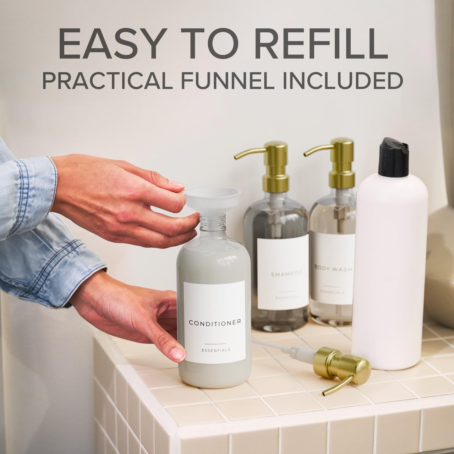 Stylish Shampoo and Conditioner Dispenser Set of 3 - Modern 21oz Shower Soap Bottles with Pump and Labels - Easy to Refill Body Wash Dispensers for an Instant Bathroom Decor Upgrade