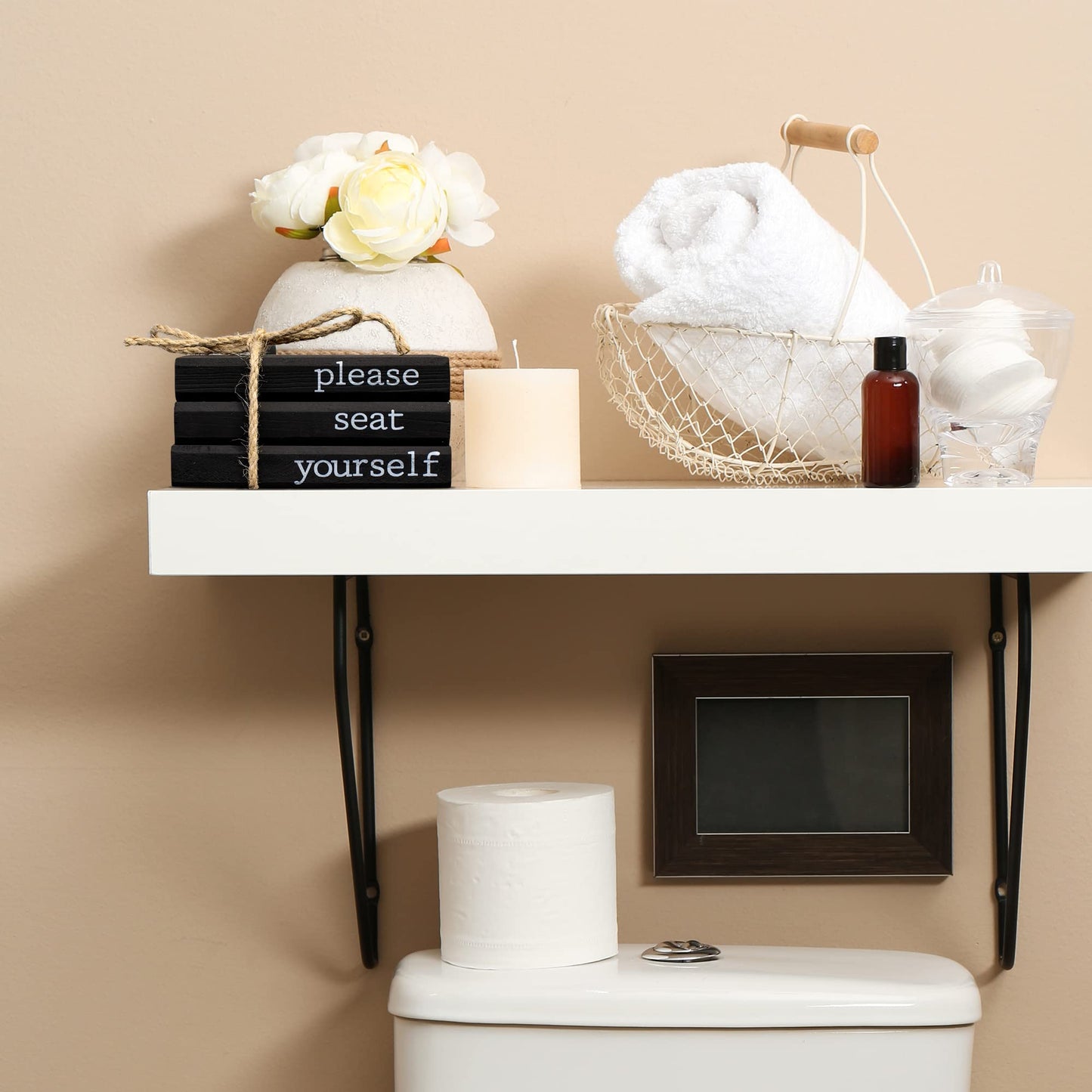Farmhouse Bathroom Decor - Funny Rustic Wooden Mini Books for Your Restroom Shelf - The Perfect Small Decorative Accent for The Guest Bathroom - White