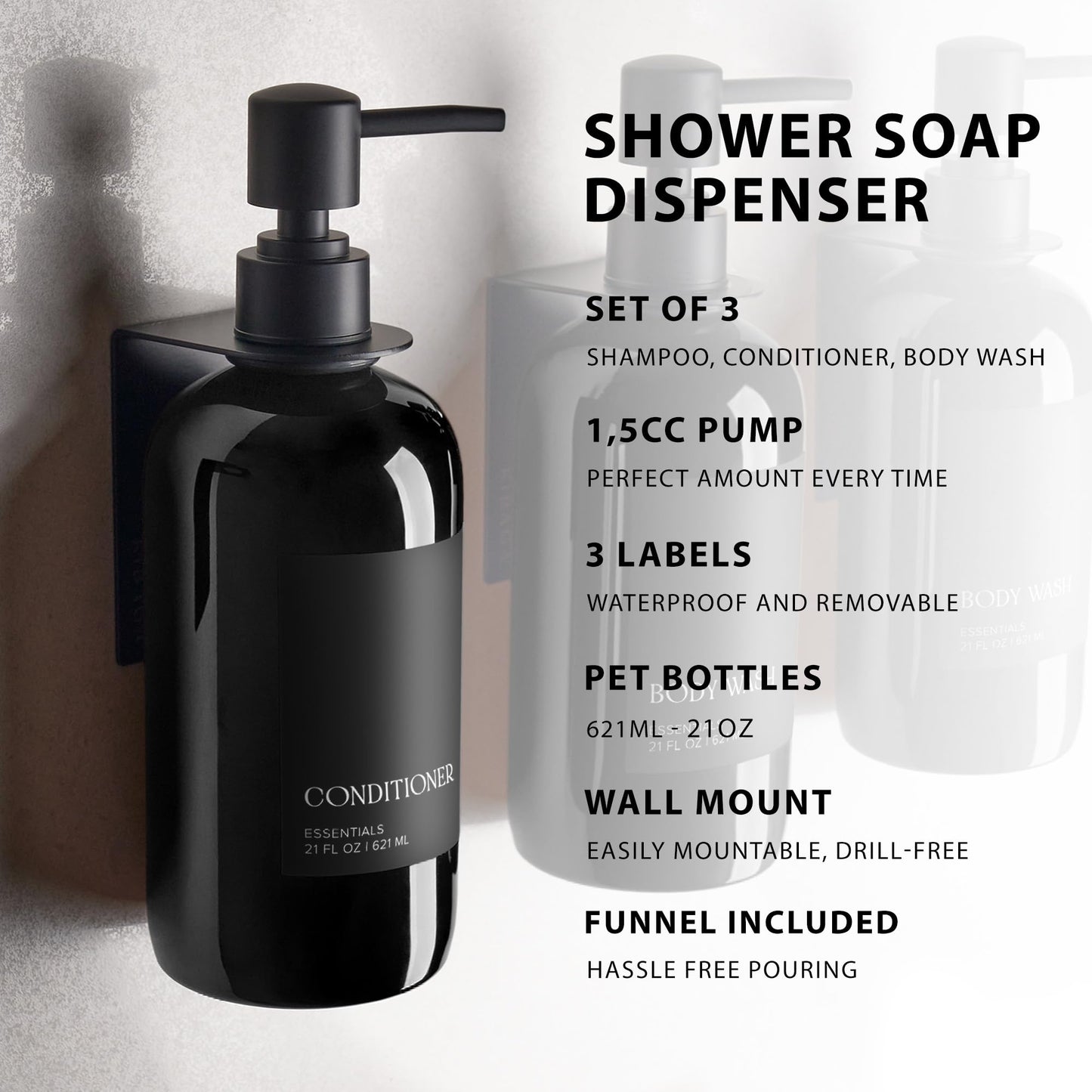 Stylish Shampoo and Conditioner Dispenser Set of 3 For Wall Mount - Modern Drill Free 21oz Shower Soap Bottles with Labels - Easy Refill Body Wash Dispensers for an Instant Bathroom Decor Upgrade