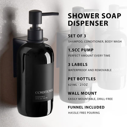 Stylish Shampoo and Conditioner Dispenser Set of 3 For Wall Mount - Modern Drill Free 21oz Shower Soap Bottles with Labels - Easy Refill Body Wash Dispensers for an Instant Bathroom Decor Upgrade