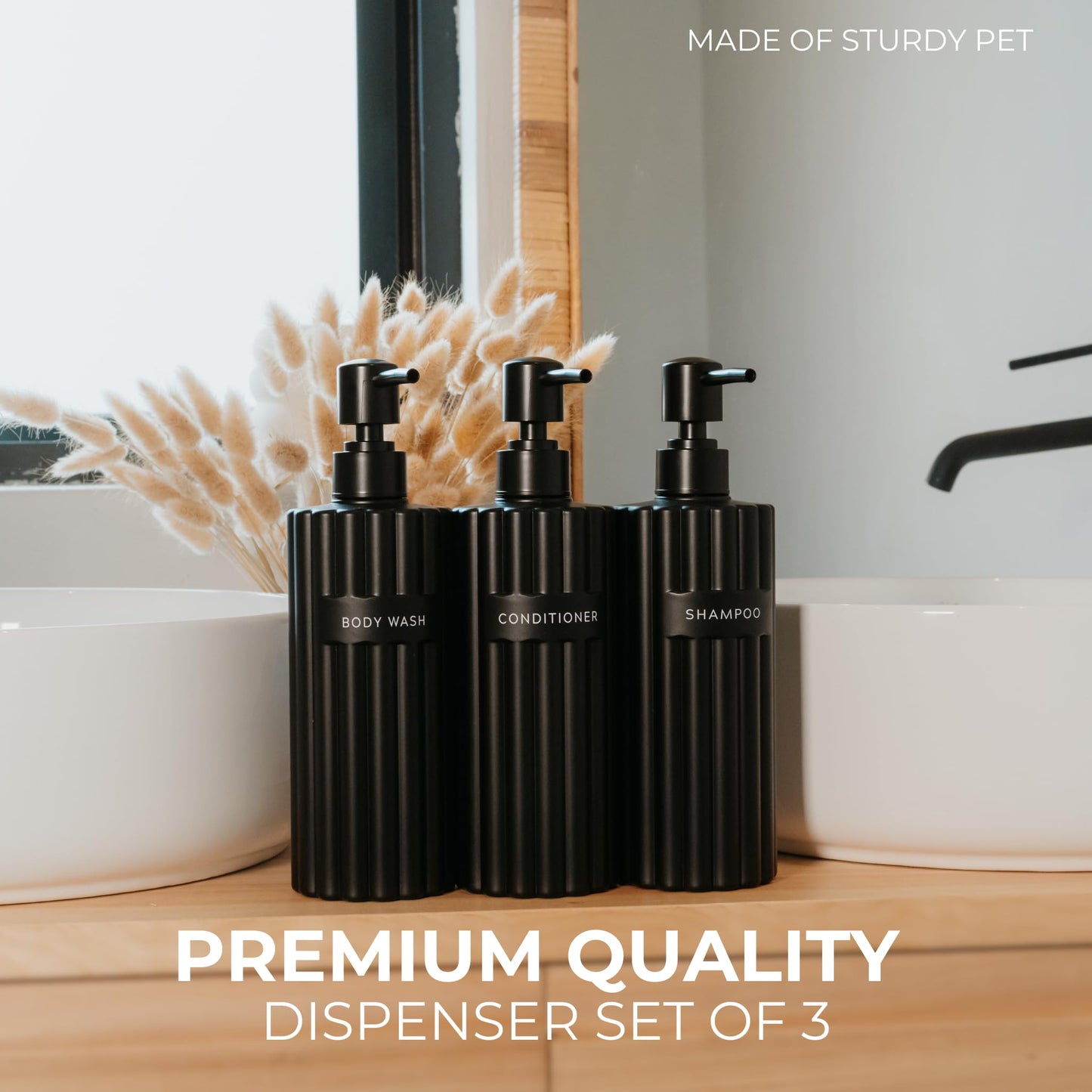 Beautiful Shampoo and Conditioner Dispenser Set of 3 – Modern 21oz Shower Soap Bottles with Pump and Labels – Easy to Refill Body Wash Dispensers for a Stylish Bathroom Upgrade