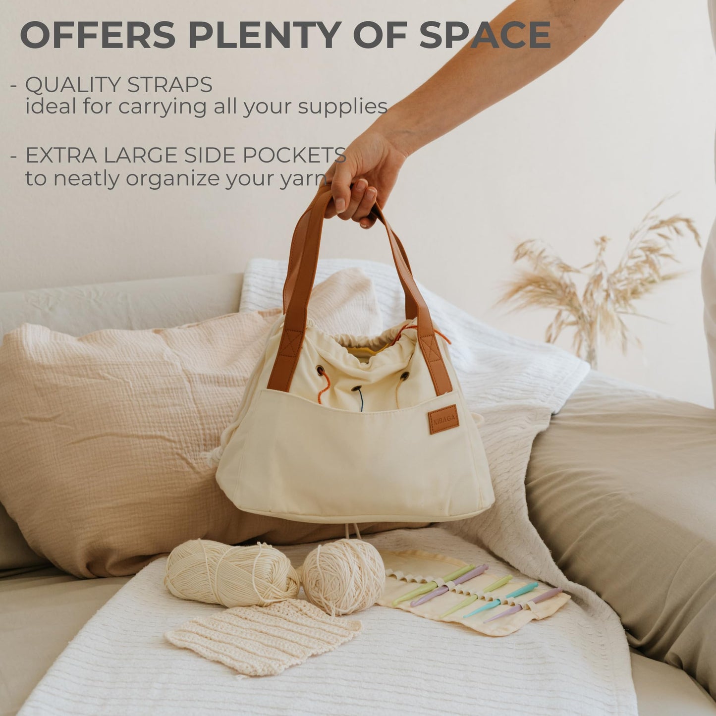 Stylish Crochet Bag Organizer Easily Organizes Your Yarn - Durable Canvas Bag w/ 8 Pockets Stores Plenty of Yarn Skeins & Crocheting Supplies/Accessories - Perfect Basket for Gifting to Knitting Fans