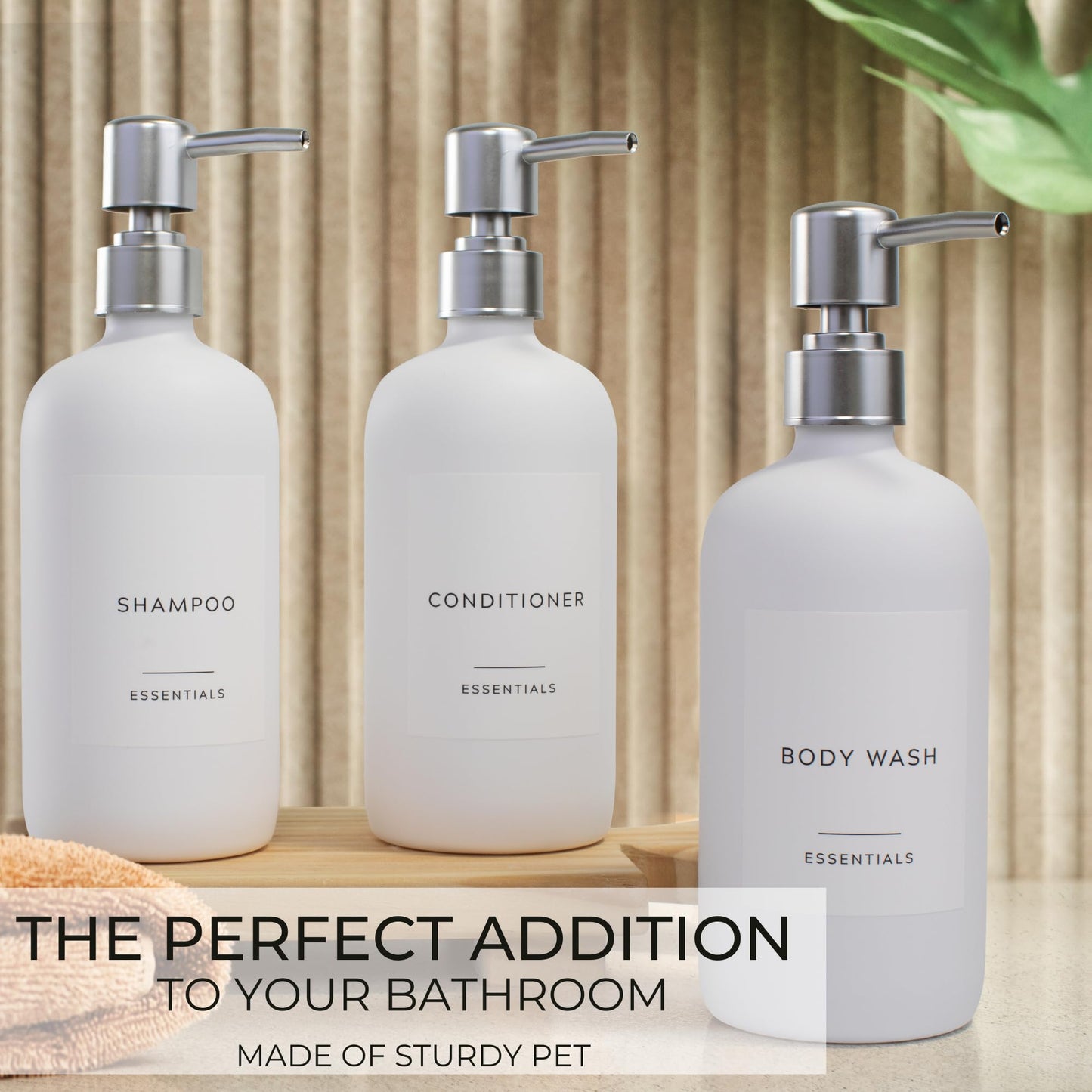 Stylish Shampoo and Conditioner Dispenser Set of 3 - Modern 21oz Shower Soap Bottles with Pump and Labels - Easy to Refill Body Wash Dispensers for an Instant Bathroom Decor Upgrade - Black