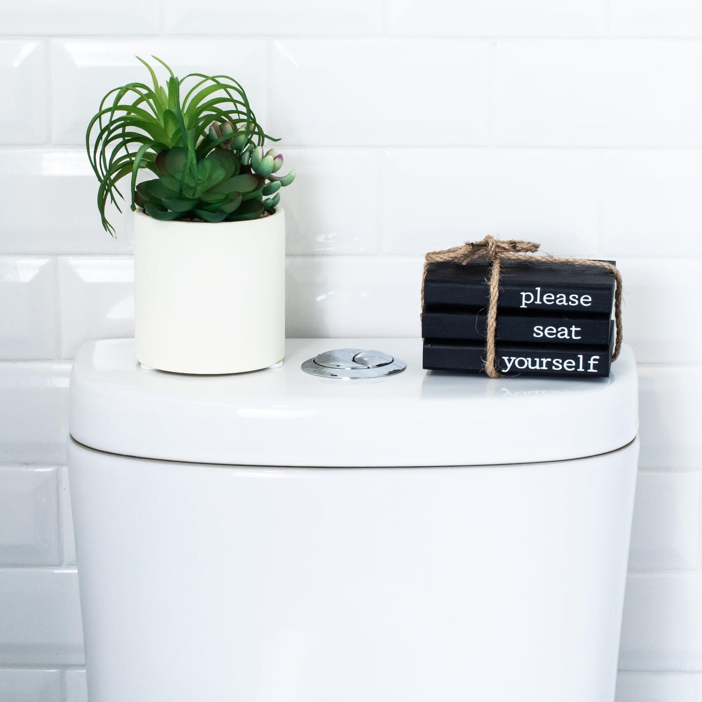 Farmhouse Bathroom Decor - Funny Rustic Wooden Mini Books for Your Restroom Shelf - The Perfect Small Decorative Accent for The Guest Bathroom - White