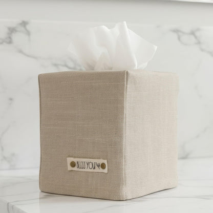 Stylish Tissue Box Cover - This Beige Linen Holder Instantly Covers Your Square Tissue Boxes - The Perfect Cube Cover for Your Bathroom and Home