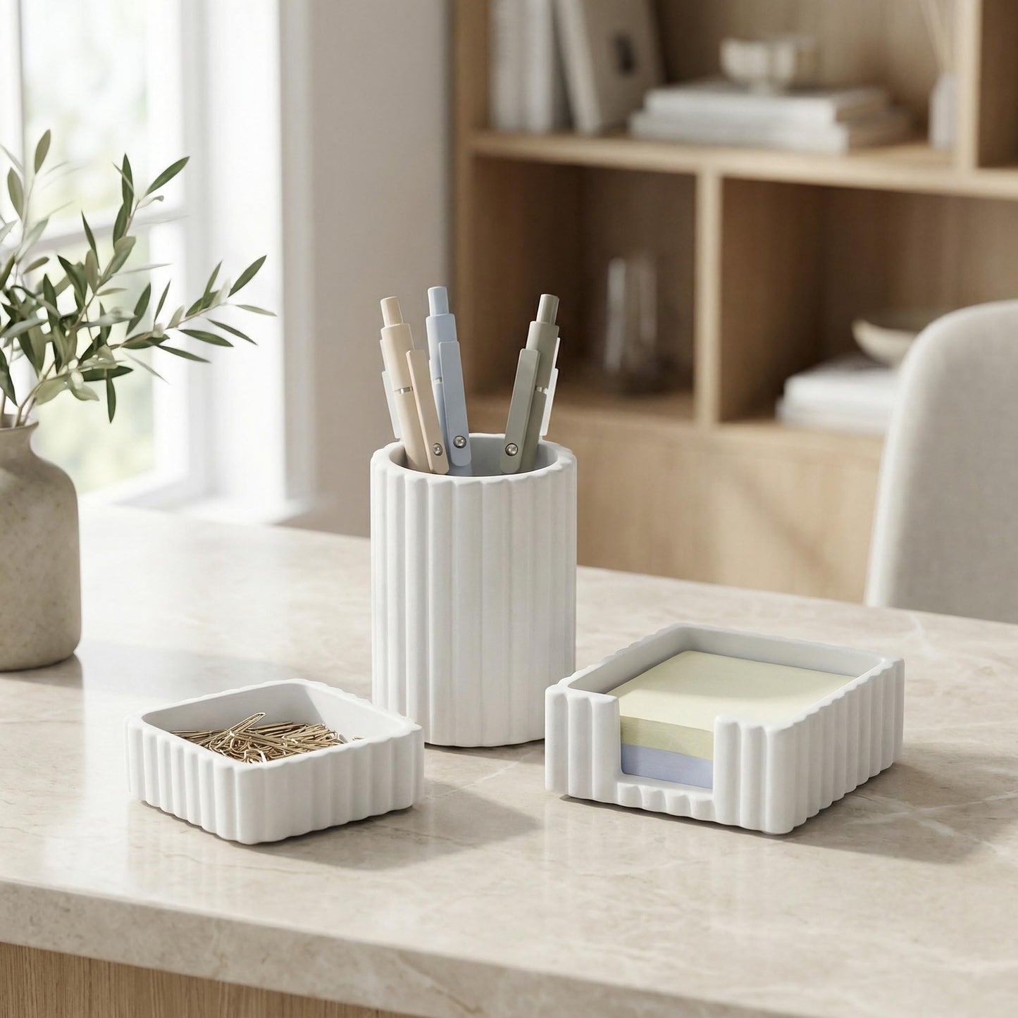Modern Aesthetic Desk Accessories Set of 3 - Stylish Concrete Organizers for Pens & Office Supplies - A Cute and Functional Addition to Your Workspace Decor