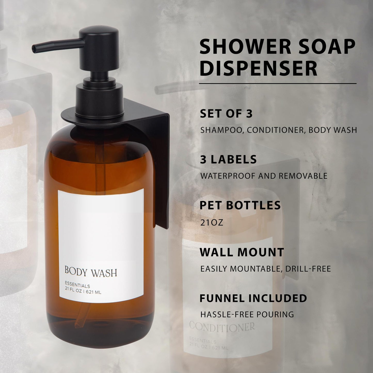 Stylish Shampoo and Conditioner Dispenser Set of 3 For Wall Mount - Modern Drill Free 21oz Shower Soap Bottles with Labels - Easy Refill Body Wash Dispensers for an Instant Bathroom Decor Upgrade