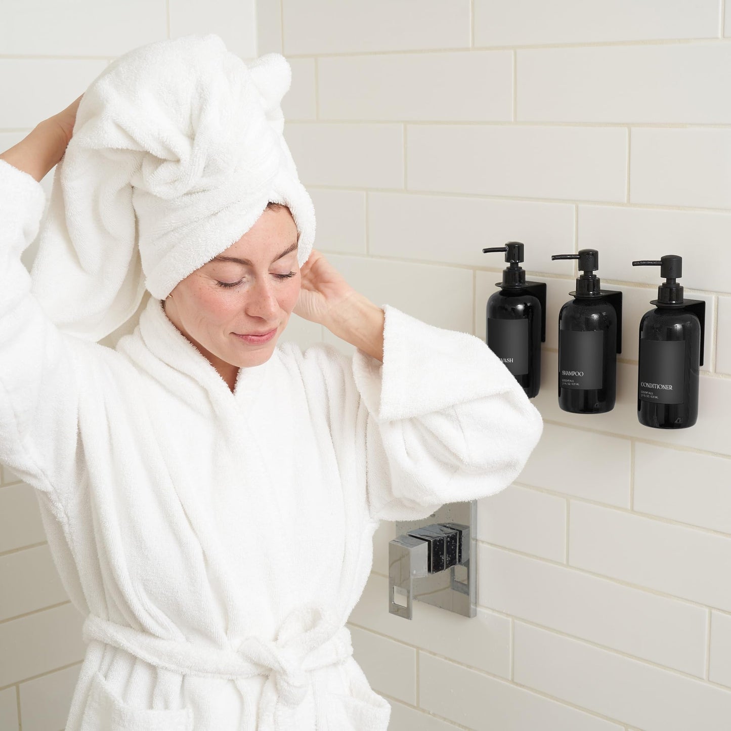 Stylish Shampoo and Conditioner Dispenser Set of 3 For Wall Mount - Modern Drill Free 21oz Shower Soap Bottles with Labels - Easy Refill Body Wash Dispensers for an Instant Bathroom Decor Upgrade