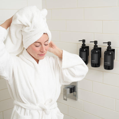 Stylish Shampoo and Conditioner Dispenser Set of 3 For Wall Mount - Modern Drill Free 21oz Shower Soap Bottles with Labels - Easy Refill Body Wash Dispensers for an Instant Bathroom Decor Upgrade