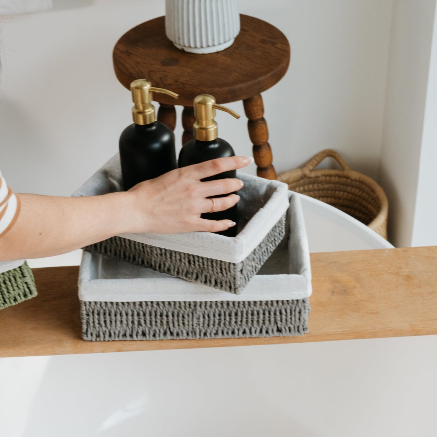 Beautiful Boho Bathroom Basket – Stylish Organizer Baskets for Toilet Tank, Bathroom Essentials, or Nursery Decor - Storage Basket Set of 2 for Shelves